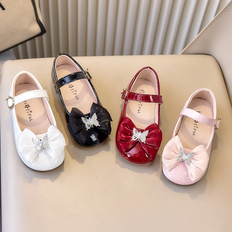 Girls Mary Jane Shoes Children Princess Rhinestone Shoes with Lace Butterfly Soft Sole Kids Leather Shoes for Party Wedding