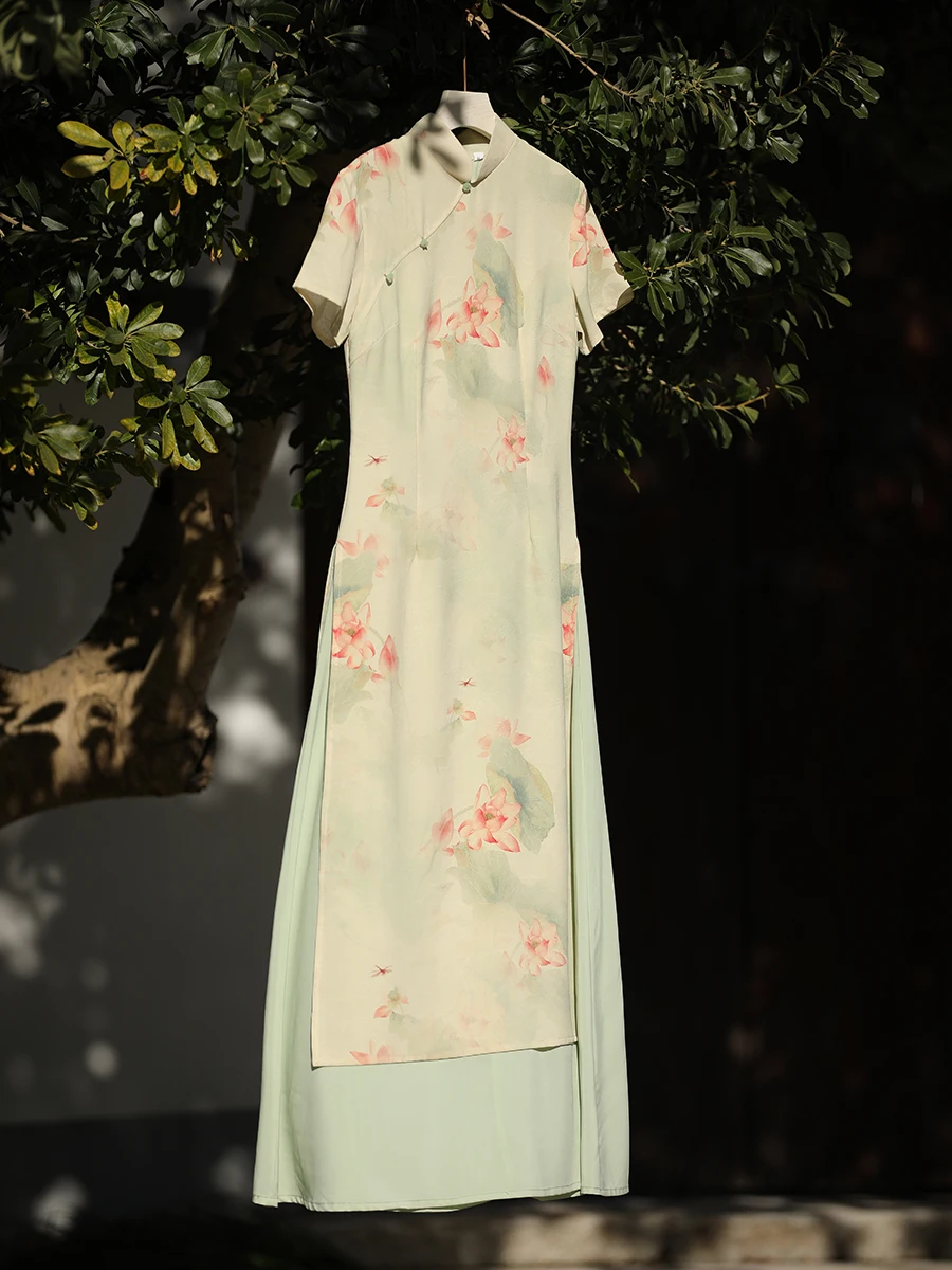Jiangnan Floing een  Dr Chic Chinese Sle Summer Slimming Long Qipao Gown for Young Women Daily Wear