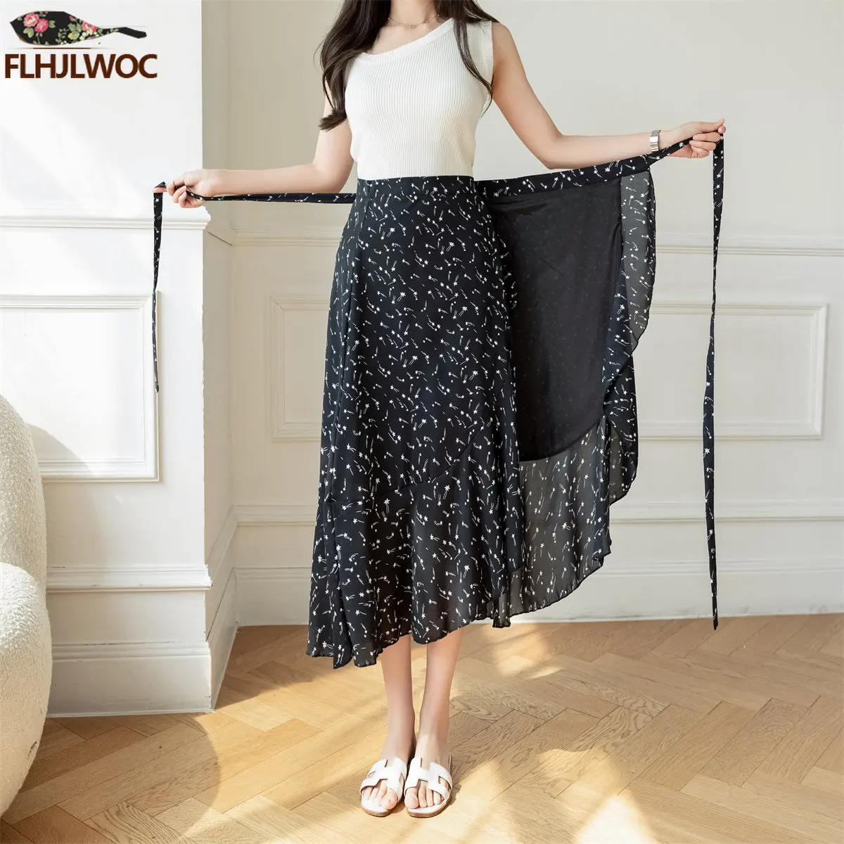 2023 Chic Korea Clothes Summer Women Cute Sweet GIrl Floral Robe Holiday Date High Waist Retro Vintage One-Piece Lace-Up Skirts