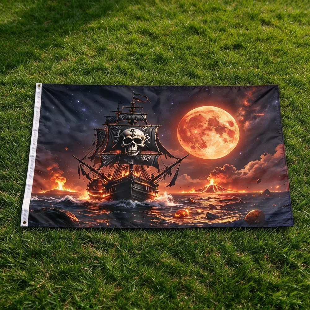 Blood Moon Pirate Ghost Ship Volcano Flag 2x3ft 3x5ft Polyester Banner Night Sky Burning Sea Pirate Vessel Wall Hanging Decor