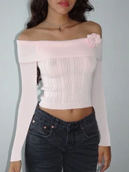 Women 3D Flower Decor Knit Sweaters Autumn Winter Off Shoulder Long Sleeve Solid Color Cropped Pullovers Tops Knitwear Y2K 2000s