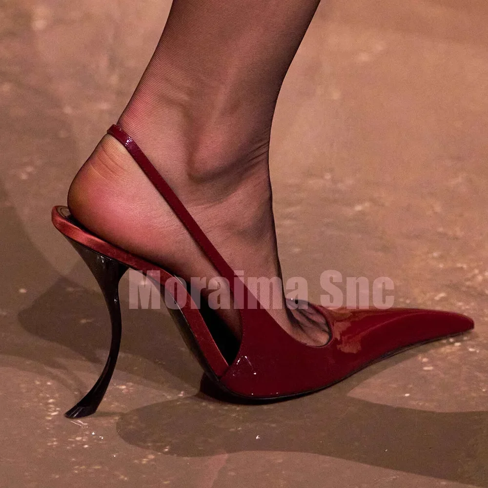 

Burgundy Patent Leather Strange High Heel Sandals Slingback Pointed Toe Sexy Fashion Women's Dress Shoes Summer Party 2025 New