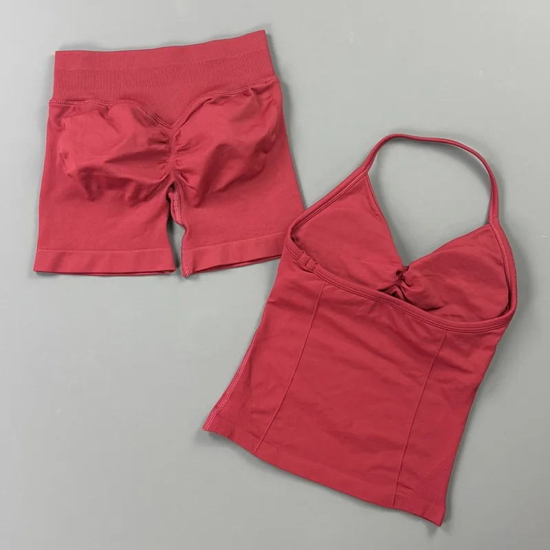 HITELLO Gym-Shorts-Set für Damen, nahtlos, Yoga, Longline-Top mit Trägern, Scrunch-Butt-Workout-Shorts-Set, Fitness, zweiteiliger Sportanzug – Detail 8