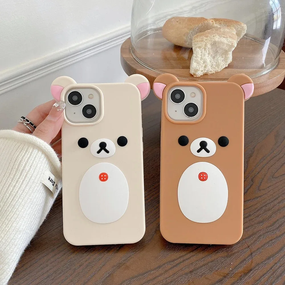 Fashion Cute 3D Cartoon Rilakkuma Bear Soft Silicone Phone Case Back Cover for iPhone 11 12 13 14 15 16 Pro Max