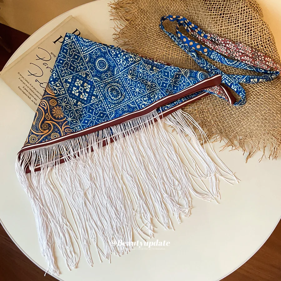 Ethnic Printed Fringe Hip Scarf Triangular Tassel Waist Chain Boho Belly Dance Wrap Skirt Retro Streetwear Belt Accessories