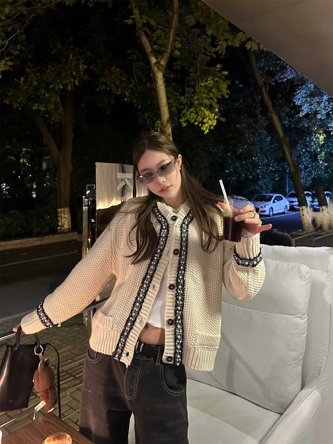 

D YANGJUN Unique Beautiful Early Autumn Women's round Ne Patchwork Color Small Fraance Sle Cardigan Outerwear