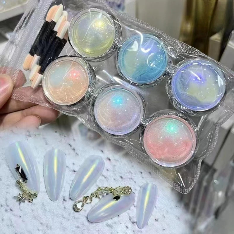 6Jars/Set Aurora Mermaid Nail Art Powder(with Brushes) Holographic Pearlescent Chrome Pigment Dust Chameleon DIY Nail Supplies