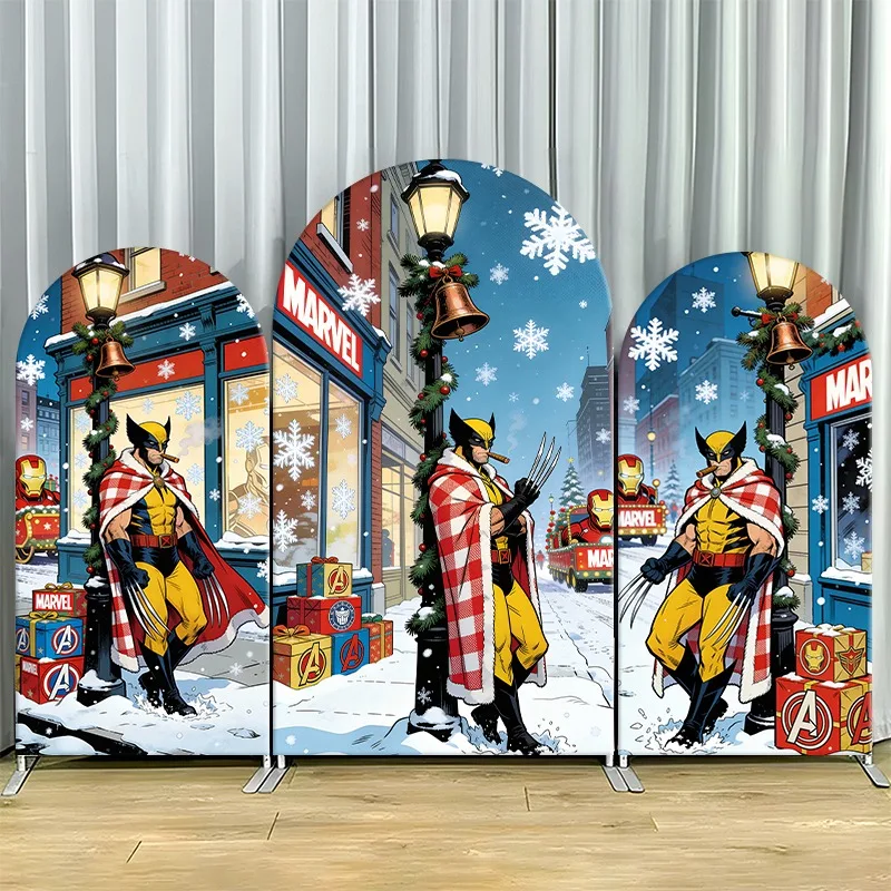 

Arch Backdrop Cover Single Side Wolverine Holiday Marvel Snowy Street Red Cape Party Decoration Photo Booth Background Props
