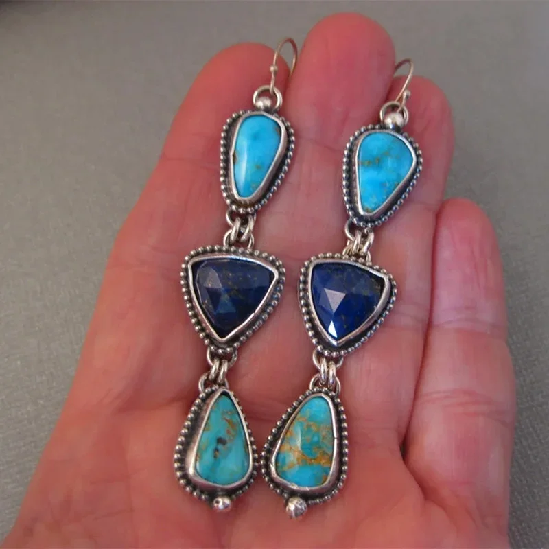 Vintage Triangle Blue Green Stone Earrings Bohemian Ethnic Silver Color Metal Craftsman Carving Pattern Hook Dangle Earrings