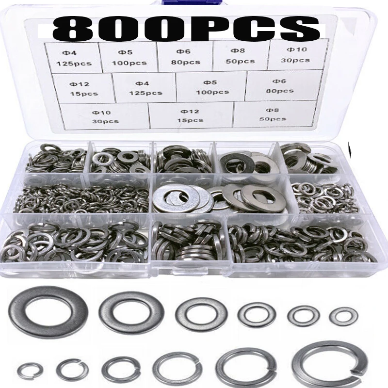 800Pcs M4 M5 M6 M8 M10 M12 304 Stainless Steel Flat Washer Set Adjusting Shim Plain Gasket Assortment Kit Box