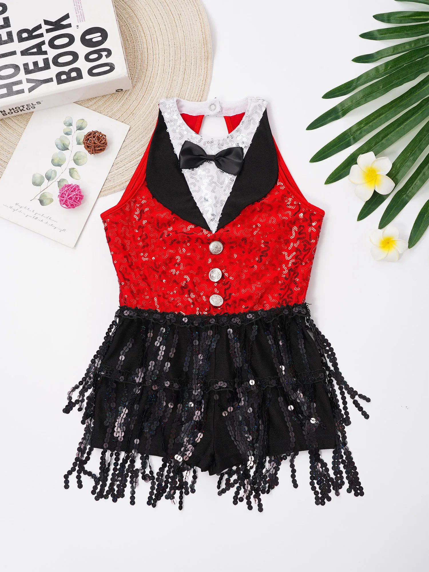 女の子タキシードジャンプスーツノースリーブフリンジラテンレオタードドレス子供スパンコールタッセルジャズダンス衣装ファッションヒップホップ服