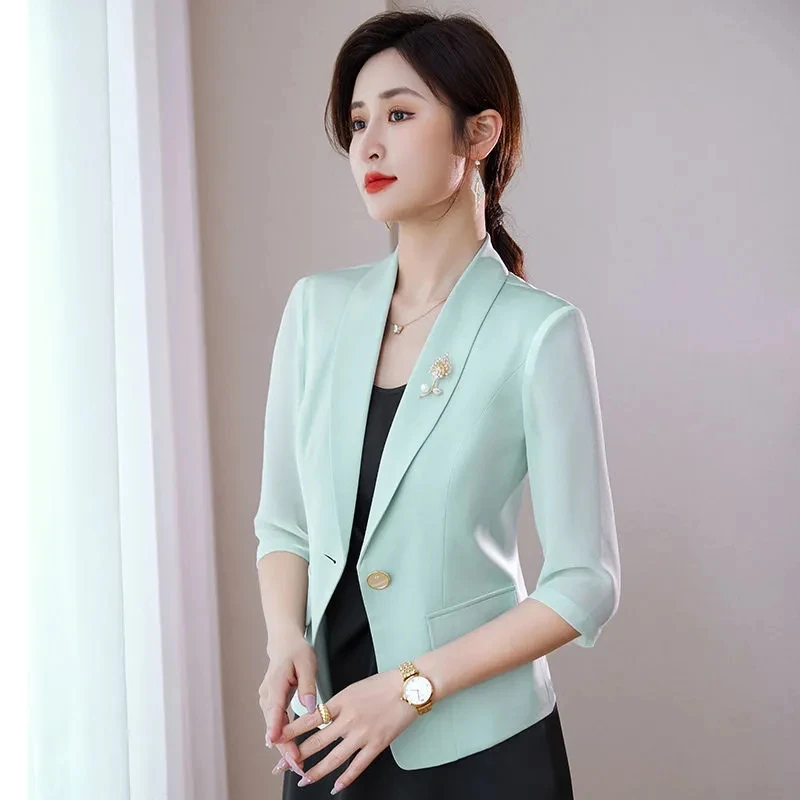 Korean Women Solid Color Chiffon Leisure Suit Coat Summer Female Short Blazer Tops New Ladies Chiffon Thin Style Tops Outerwear