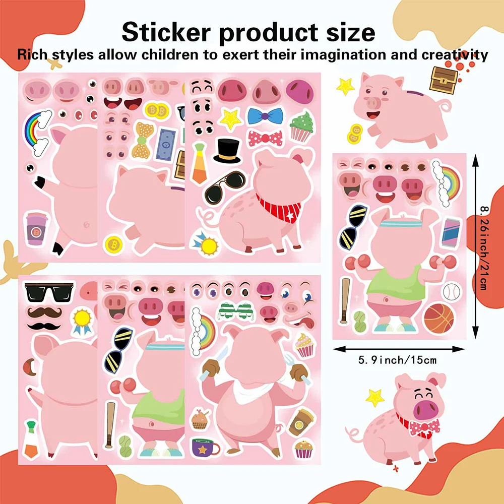 6/12Sheets Make a Face Pink Pig Puzzle Stickers Cute Animals Assembly Jigsaw Kids DIY Education Toys Party Game Decoration Gifts