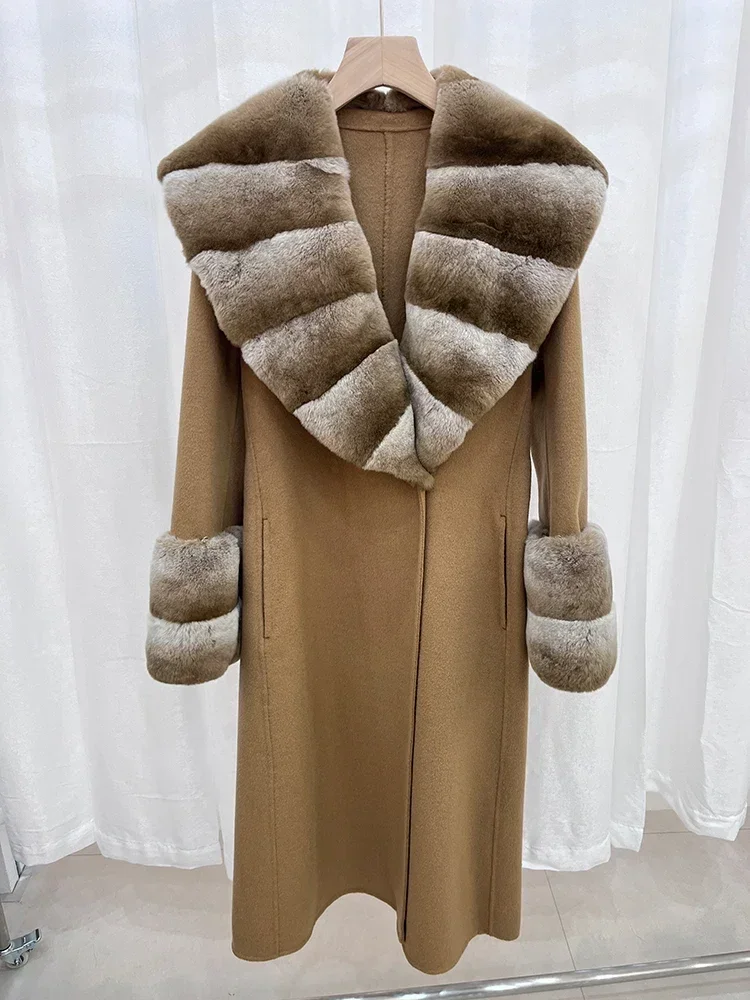 Winter Real Fur Coat Jacket Women Natural Rex Rabbit Fur Collar Long Cashmere Wool Woolen Ladies Luxury Thick Female Outerwear