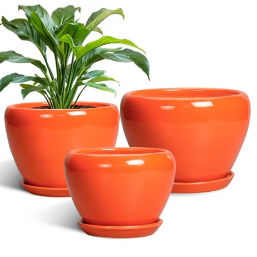 

Ceramic Planter - 10 Inch 8 Inch 6 Inch Plant Pot with Drainage Holes and Saucers Round Planters for Indoor Outdoor Modern Flow