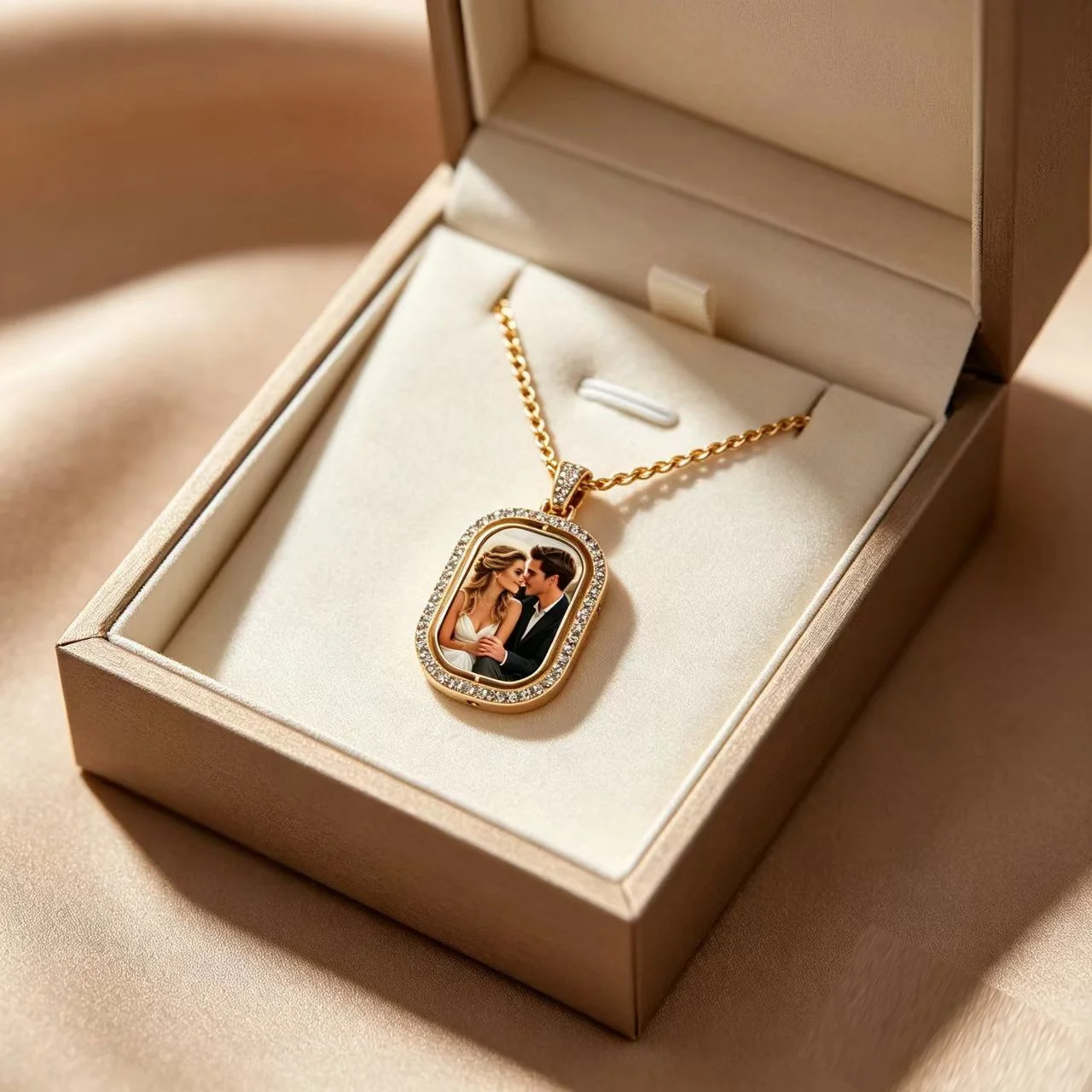 Custom Photo Necklace、Personalized Picture Pendant、Rhinestone Border Charm、Keepsake Jewelry、Gift for Her/Him
