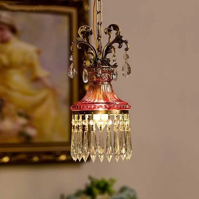French crystal small chandelier, retro light luxury all-copper ice flower glass lamp, bedside balcony aisle entrance light