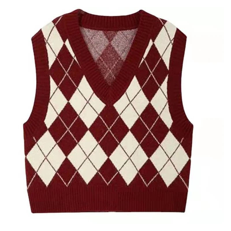 Vintage Y2K Knitted Vest Argyle Sweater Vest V Neck Sleeveless Jumper Preppy Style Plaid Knitted Pullover Autumn Winter Clothes