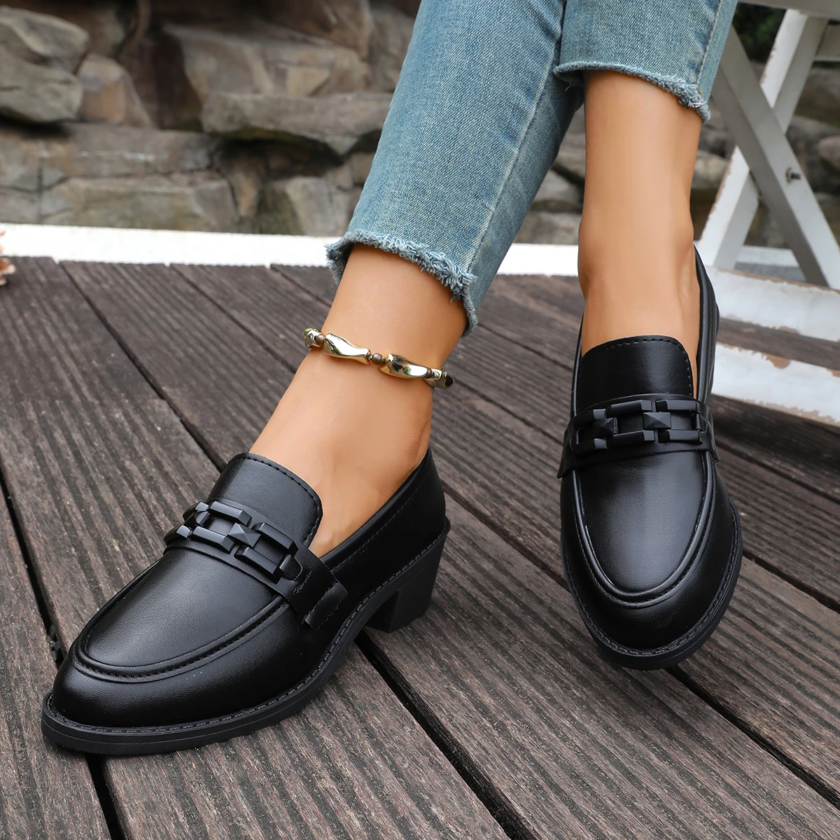 Women Slip‑On Loafers Black Buckle Decor Square‑Toe Block‑Heel Patent & Matte PU Non‑Slip Casual Office Daily Dress Shoes view 5