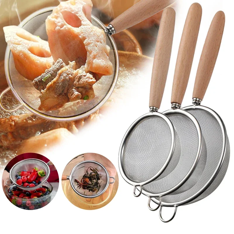 304 Stainless Steel Mesh Filter Spoon with Wooden Handle Flour Filter Strainers Tea Colanders Baking Tools Kitchen Supplies