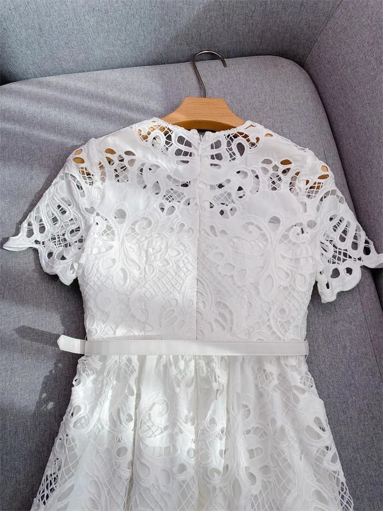 Summer Autumn Holiday White Lace Prom Wedding Dress Women Single Breasted Metal Button Flower Embroidery Midi Long Sundress