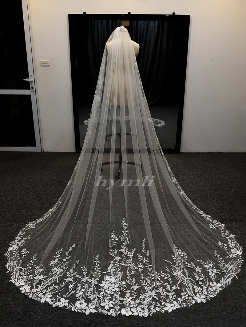 Flower Leaf Lace Wedding Veil 1 Tier Chapel Cathedral Regal Length Bridal Veil