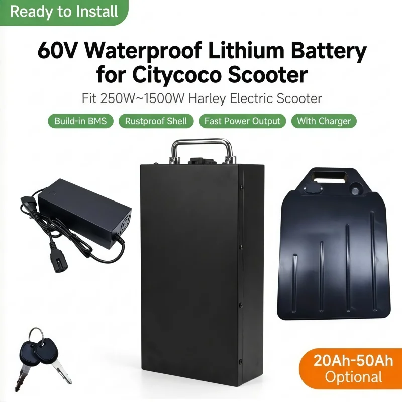 60V 20Ah-50Ah Waterproof Lithium Battery for Weekend Getaway Electric Harley Davidson Citycoco,250W~1500W,67.2V Charger Included