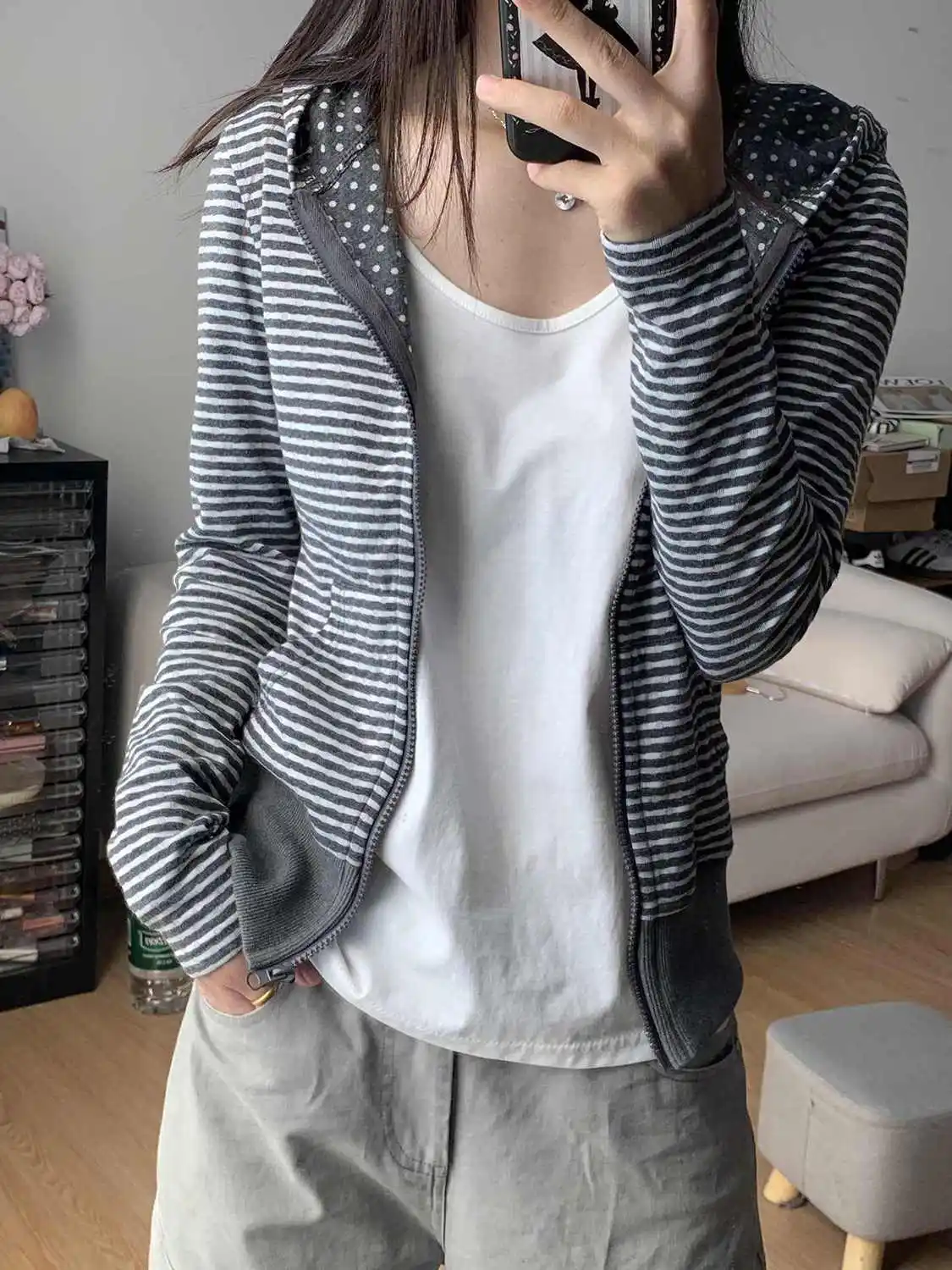 

Onalippa Striped Polka Dot Slim Fit Hooded Cardigan Sweatshirt Women Spring Autumn Exuding Sense Luxury Vintage Short Jacket