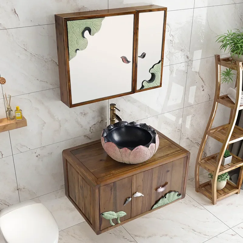 New Chinese Style Solid Wood Bathroom Cabinet for Mirror Cabinet Combination Washbasin Pool Hanging Cabinet Set