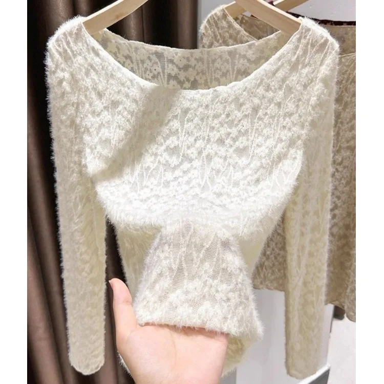  Lace under Shirt Women's Casual Style Base Layer Top Shoulder Baring Big Collar Inner Wear Polyester Fiber T-Shirt