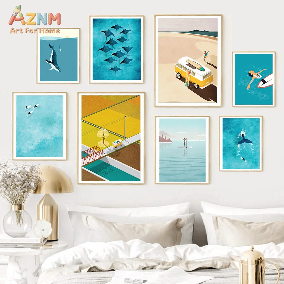 AZNM Minimalist Ocean Surfing Canvas Wall Art Whale Manta Ray Sea Creatures Retro Camper Van Summer Beach Scenery Illustration B