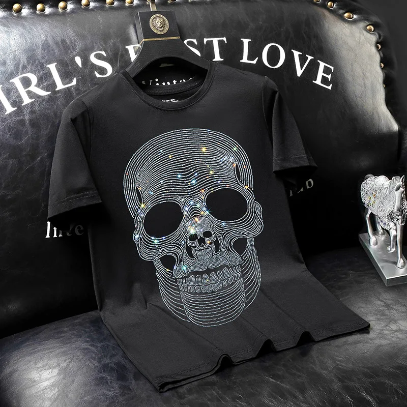 

2023 Rhinestones Skulls T Shirts Men Summer Tops Tee Fashion Streetwear Short Sleeve O Neck Slim T-shirts Man Camiseta Hombre