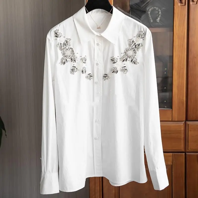 Lapel Handmade Diamond-encrusted White Shirt Women Long Sleeve Tops Camisas De Mujer