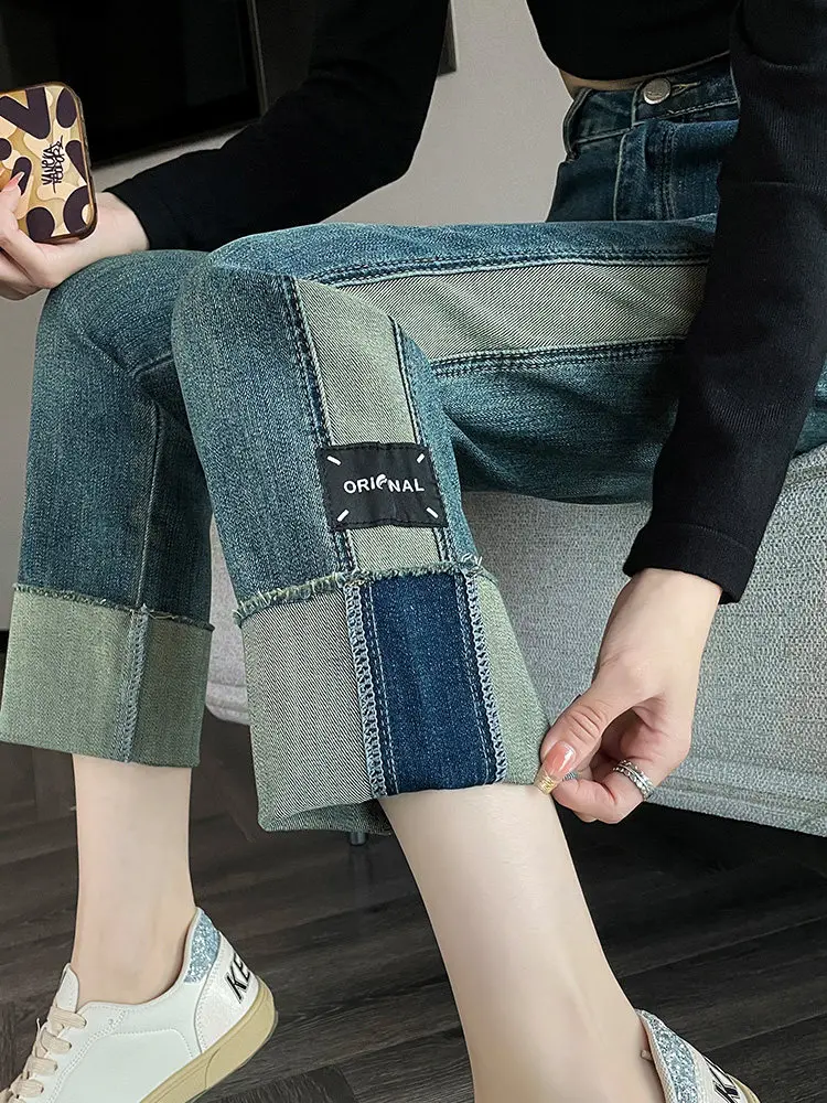 Straight leg 9-point denim pants women in autumn 2025 new high waist slimming narrow version splicing cigarette tube pants
