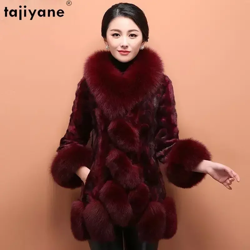 Tajiyane Real Fur Coat Women Winter Mink Fur Jackets for Women 2023 New Fashion Fox Fur Collar Women Mink Fur Coats Mid-length