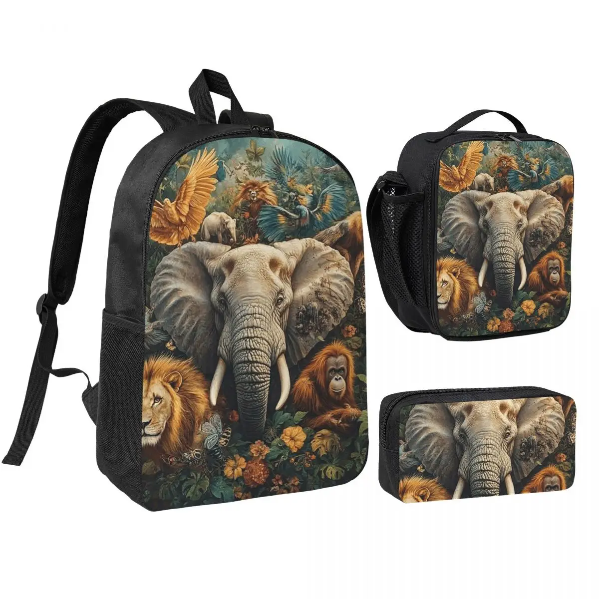 African Savanna Wildlife Theme Backpack Student BookBag School Bag Shoulder Bags 3ps Insulated Lunch Bag Pencil Case
