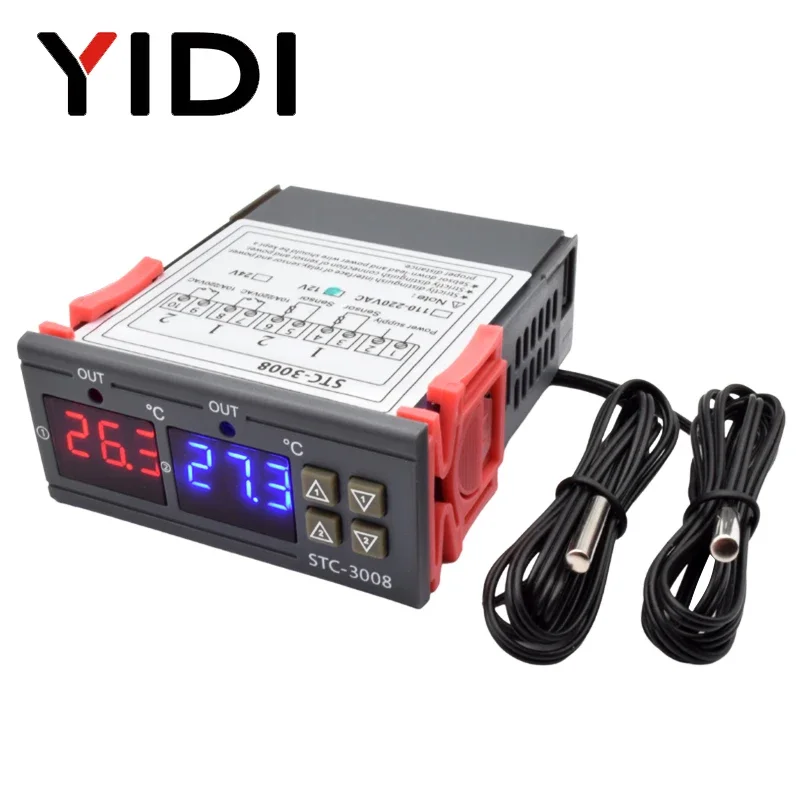 Цифровой регулятор температуры, двойной светодиодный термостат, переменный ток 220 В, 12 В постоянного тока, обогреватель, устройство управления двумя релейными выходами, терморегулятор