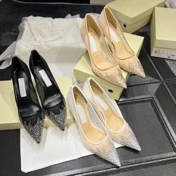 2024 New Breathable High Heels Pointed Stiletto Heel Crystal Shallow Mouth Shoes Women