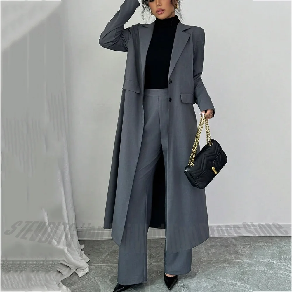 

Gray Two Piece Women's Suit Single Breasted Long Blazer Pants Custom Formal Outfit Office Lady Business Wear Solid Color