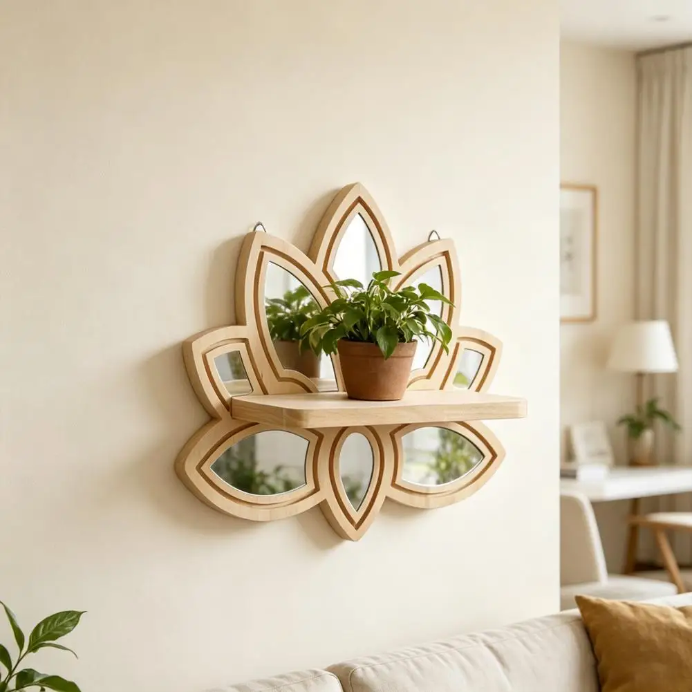 Minimalistisches Holzregal Lotusblumen-Wandregal Hängendes Wandpflanzenregal Boho Minimalistische Hängedekoration mit Spiegeln