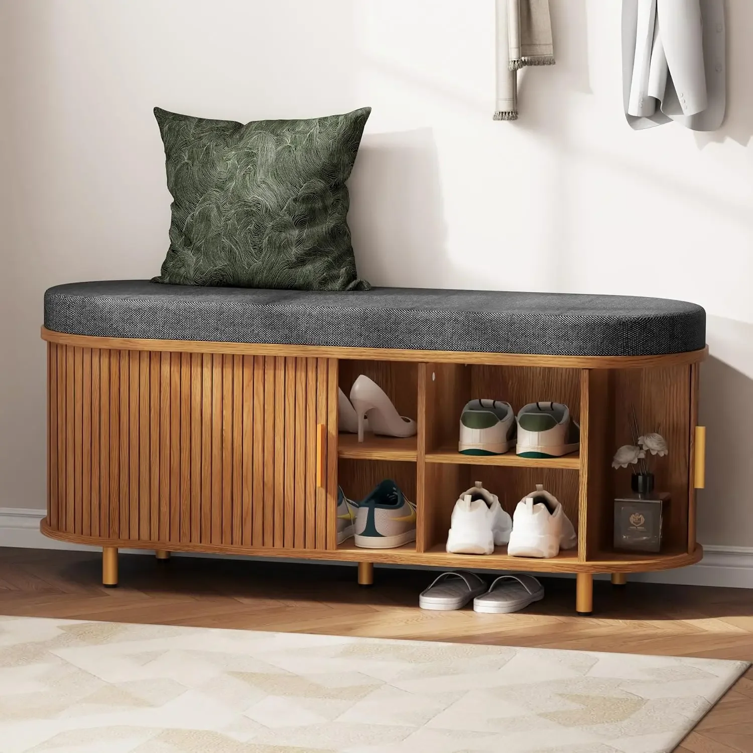 

BestsellerShoe Bench with Storage, Fluted Shoe Bench with Cushion, Sliding Door and Adjustable Shelf, for Entryway