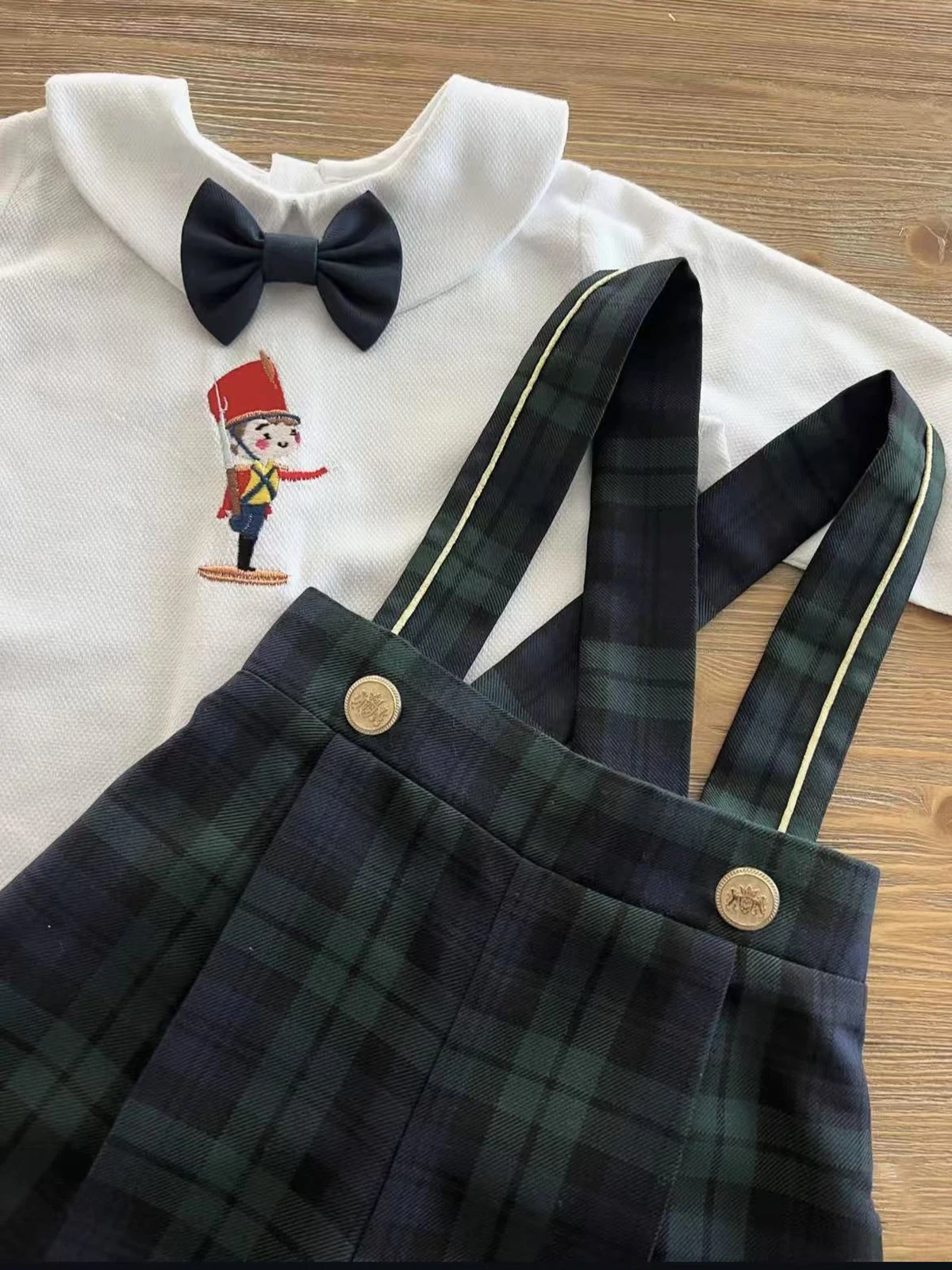 0-6Y Baby Boy Set Autumn Winter Soldier Embroidery White Shirt Green Plaid Trousers for Party Birthday Christmas C341