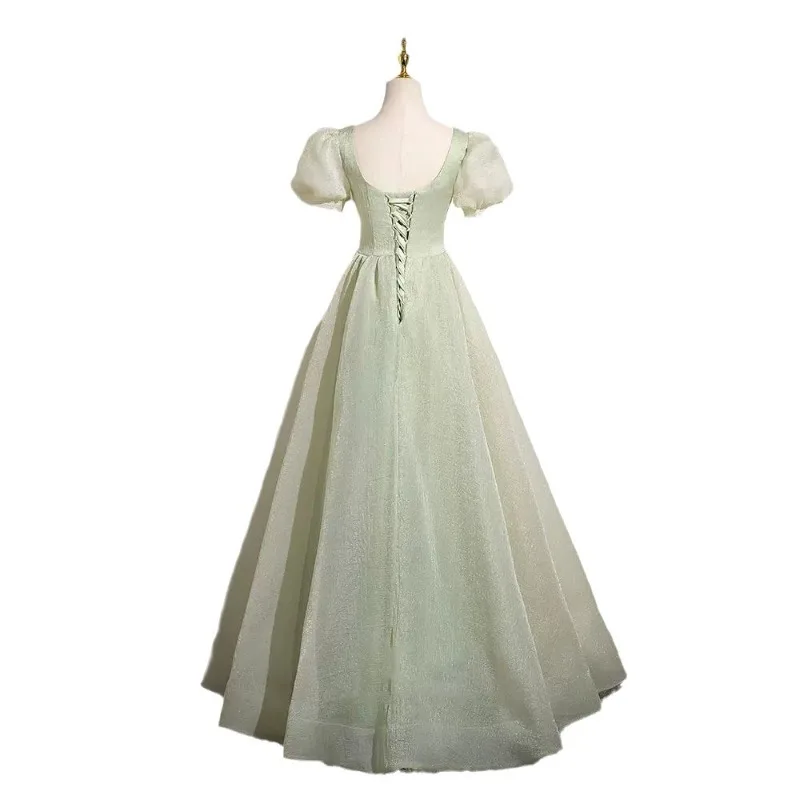 2025 New Women's Summer Square Collar Mesh Banquet Evening Dress Fashionable Evening Slimming Art Exam Performance Dress