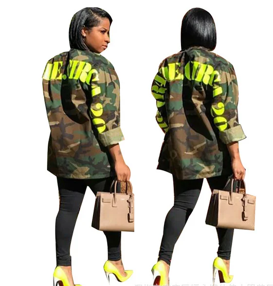 Women\'s Green Camouflage Long Jackets Long Sleeve Camo Streetwear Coat femme