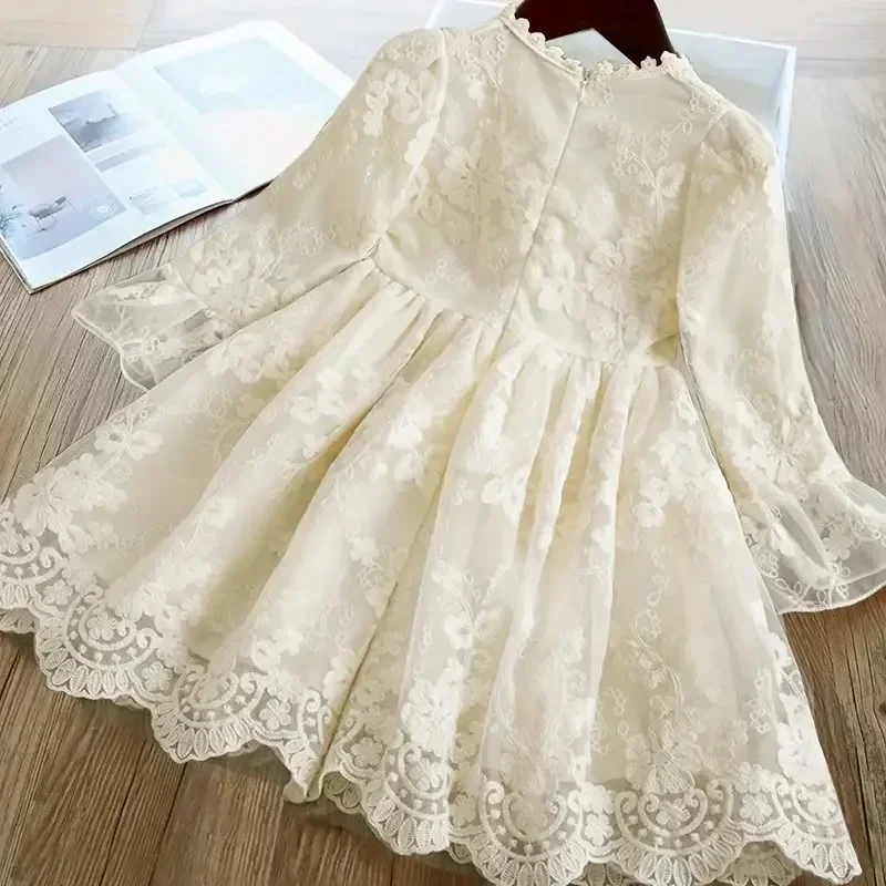 2024 New Spring Lace Kids Dresses for Girls Long Sleeves Vintage Causal Princess Dress for 3-8 Yrs Kids Birthday Party Vestidos