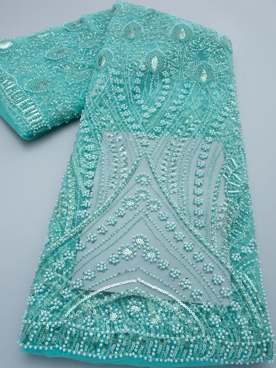 African Handmade Beaded Lace Fabric High Quality 2026 France Sequins Nigerian Embroidery For Sewing Wedding Party Dress 5Yadrs