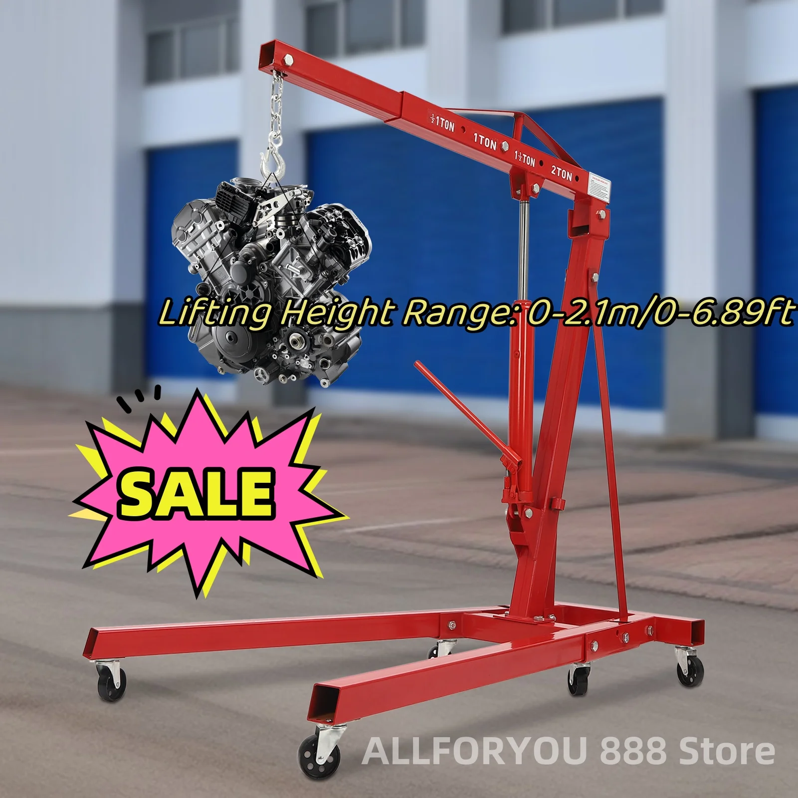 

2T Folding Engine Hoist Crane Heavy Duty Carbon Steel 6 Iron Caster Lifting Height Range 0-2.1m Red/Black