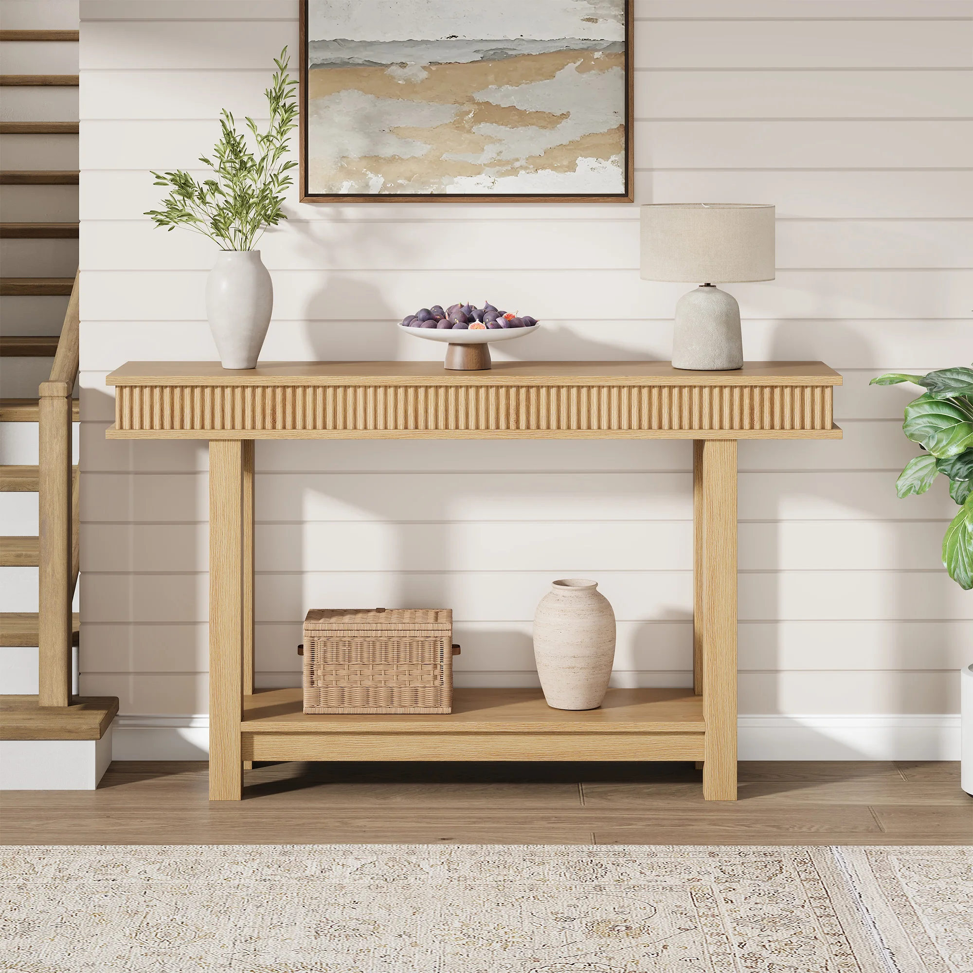 Farmhouse Fluted Console Table 2 Tier Rectangular Wooden Entryway Table with Storage Shelf Narrow Sofa Table for Hallway Foyer Dining Room