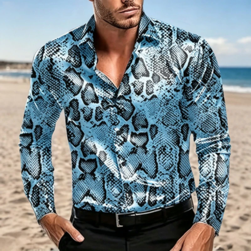 Street‑Style Men Lapel Collar Shirt Glossy Black‑Base Silver Snake Texture Art Print Polyester Long‑Sleeve Blouse