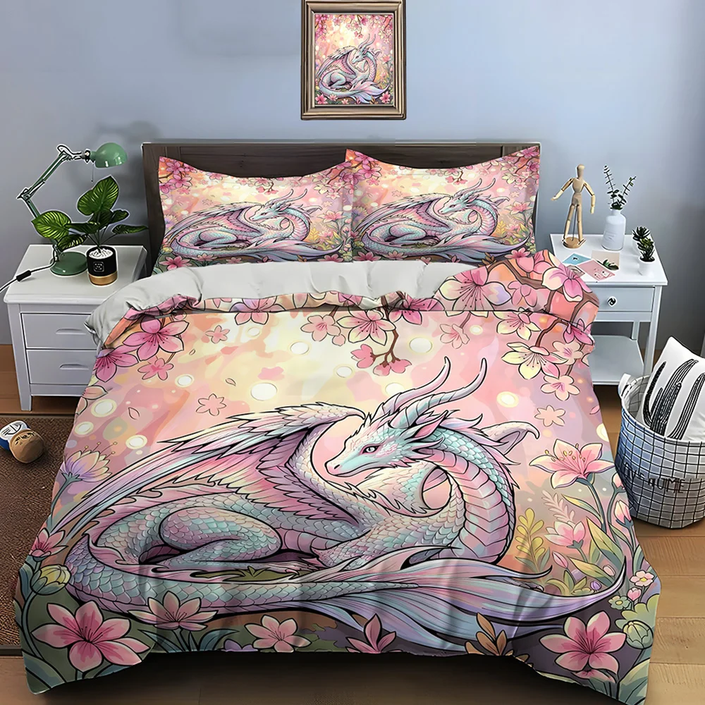 Enchanted pastel dragon among blossoms Bedding Set for Kids Luxury Gift 3pcs Digital Print Comforter Set Soft Comfortable